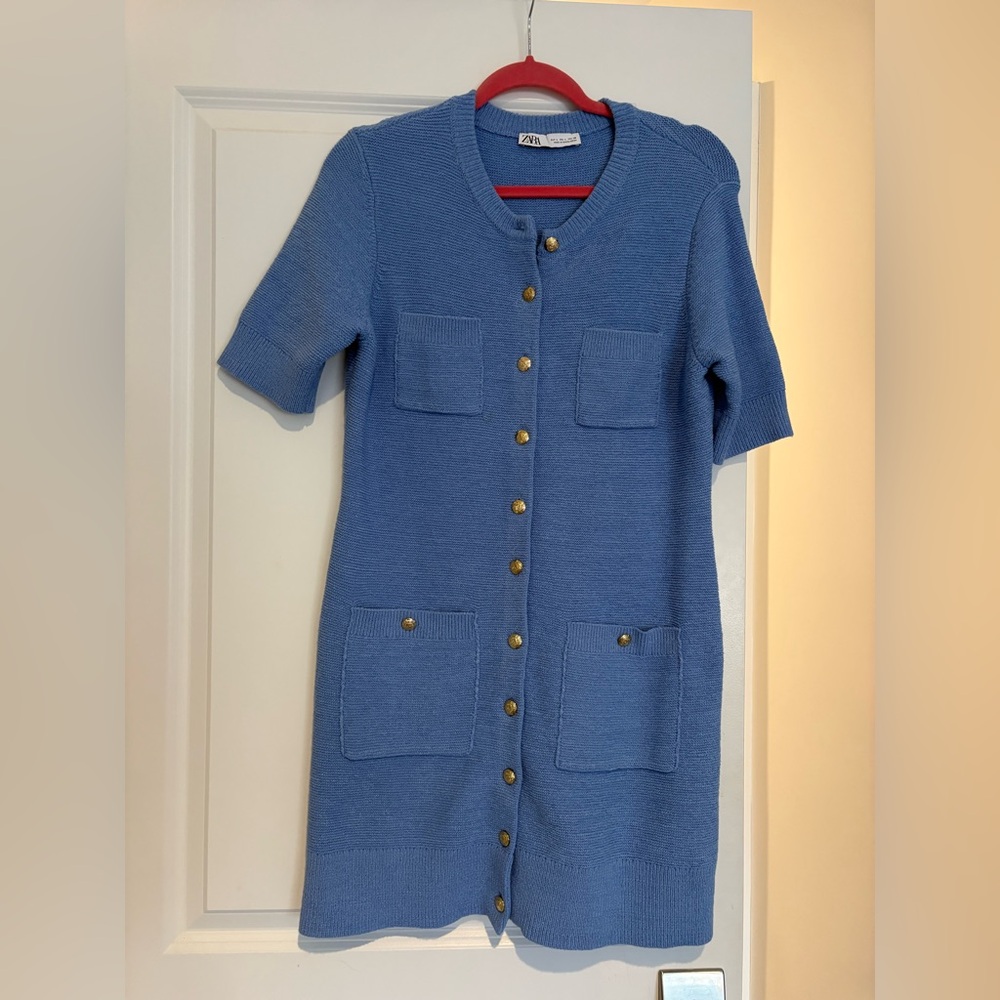 Zara Light Blue Knit Cardigan dress with Gold Button